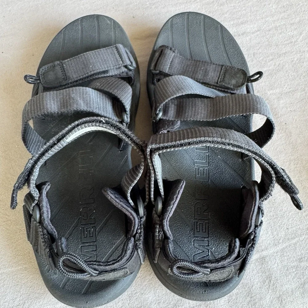Size 8 - Merrell Men's Black Strappy Sandals Adjustable Hook & Loop Straps